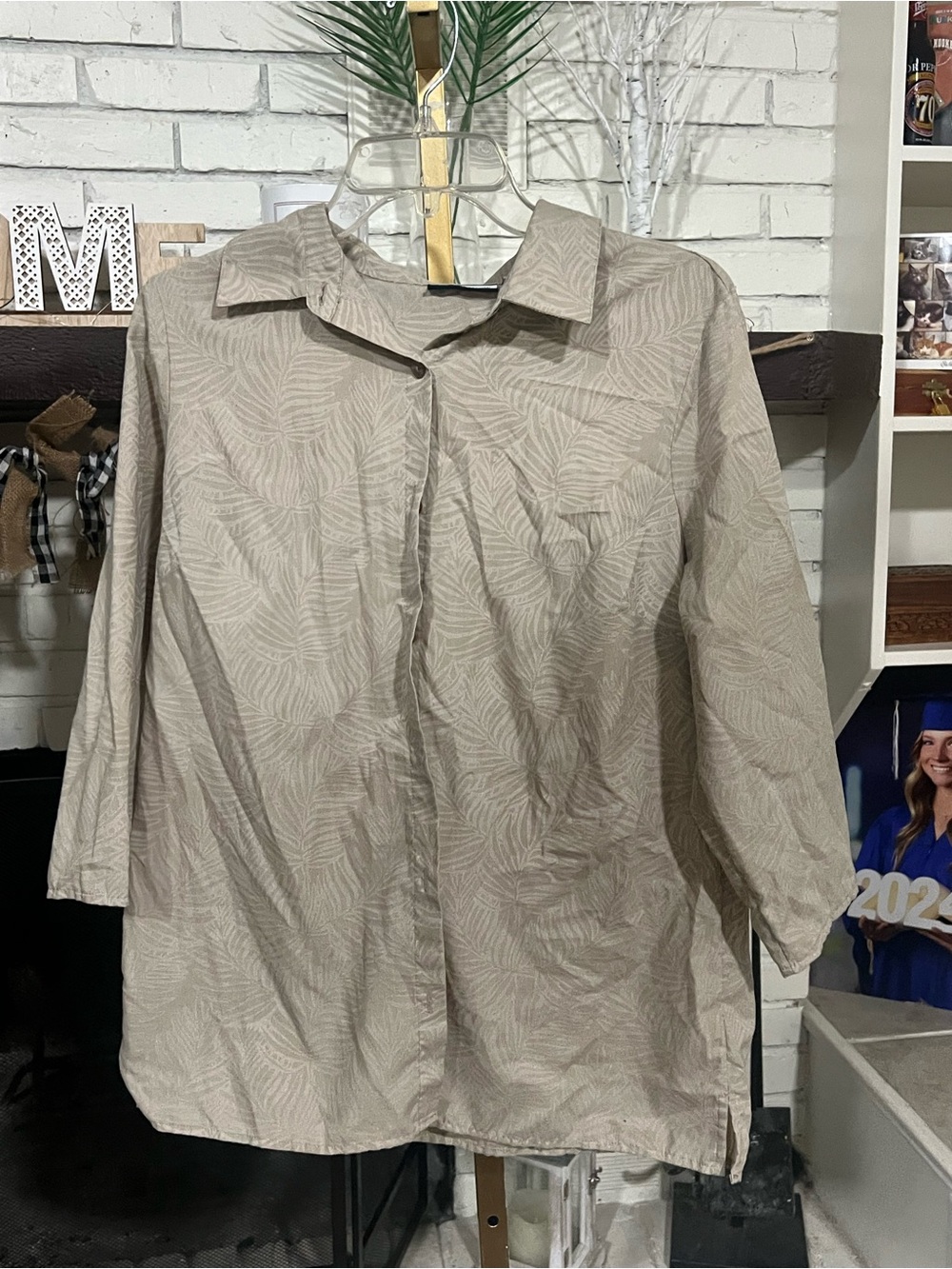 croft & barrow Beige Leaf-Print Casual Button-Down Shirt